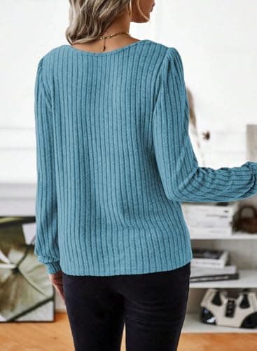 Samefar Womens Tops Dressy Casual Round Neck Long Sleeve Shirts for Women Ribbed Fall Blouses Work Knitted Tunic Clothes Blue Medium - Image 3
