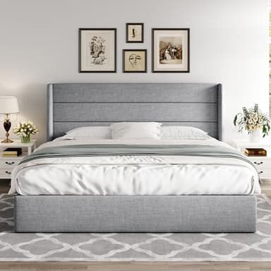 Allewie King Size Lift Up Storage Bed, Modern Wingback Headboard, Hydraulic Support, No Box Spring Needed, Light Grey - Image 7