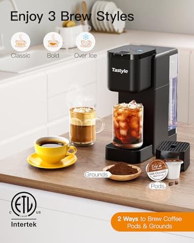 Tastyle Single Serve Hot & Iced Coffee Maker with Strong Brew, 40oz Removable Reservoir, 6 Brew Sizes, Compatible with K Cup and Grounds, Compact for Home, Office, RV and Dorm, Black (2.0 Version) - Image 2