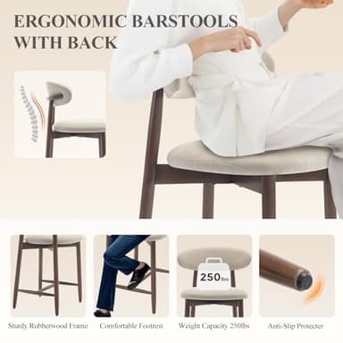 COLAMY Counter Height Bar Stools Set of 3, Kitchen Bar Stools with Back, Mid Century Modern Upholstered, with Wood Legs for Kitchen Island Dining Room Bar, Beige - Image 5