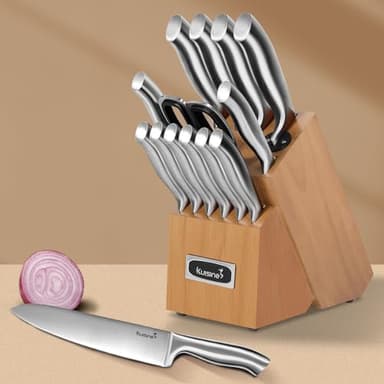 Kuisine Premium Sharp Knife Set,High Carbon Stainless Steel Sharper Blade Ergonomic Non-slip Handle,Kitchen Block Knife Set Chef Knife Block Set with Built-in Sharpener(Acacia, 15PCS) - Image 3