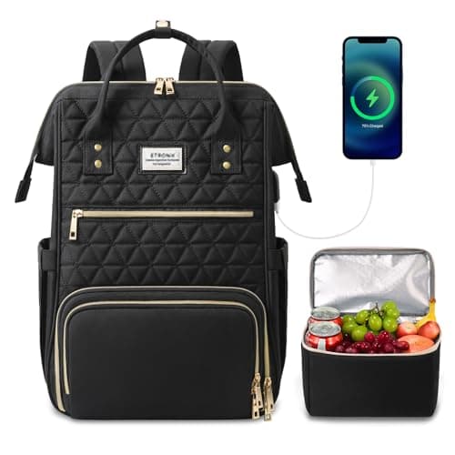ETRONIK Lunch Backpack for Women, 17.3 Inch Laptop Backpack with USB Port, Stylish Nurse Backpack Teacher Work Bag with Insulated Cooler Lunch Box for Women Men/Travel, Black - Image 1