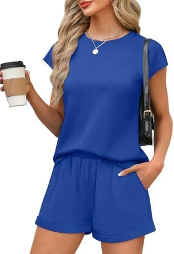 WIHOLL 2 Piece Sets for Women Casual Summer Travel Vacation Outfits Cap Sleeve Shorts Lounge Set - Image 3