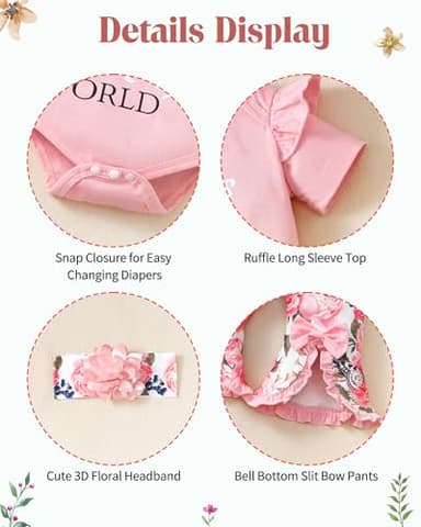 SUNNY PIGGY Newborn Baby Girl Clothes Infant Outfits Romper Floral Fall Outfit Bell Bottoms Pant Sets Hat Headband Flowerpant Pink 6-12M - Image 4