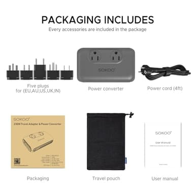 SOKOO 230-Watt Step Down 100-220V to 110V Voltage Converter, International Power Converter/Travel Adapter- Use for EU/UK/AU/US/India More Than 150 Countries, USB Quick Charger 3.0 Grey - Image 5