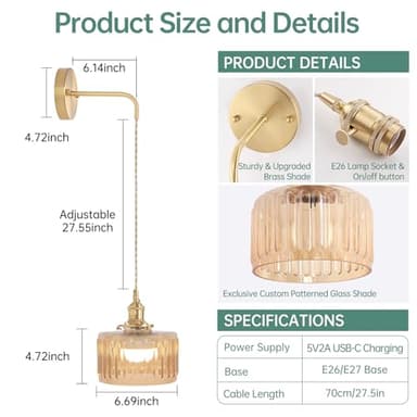 Shenmoyl Battery Operated Wall Sconce with Amber Striped Shade Pattern Glass Adjustable Chain Retro Gold Wall Mounted Light, Modern Wall Lamp Fixtures Decor for Bedside Bedroom Indoor Doorway - Image 3