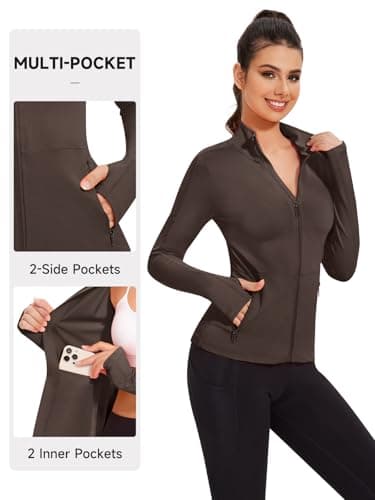 VUTRU Womens Athletic Zip Up Jacket Workout Running Jacket Lightweight Yoga Jacket with Thumb Holes (Dark Coffee,M) - Image 2