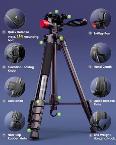 CAMBOFOTO 74"-Camera-Tripod, Porfessional Aluminum Heavy Duty Tripod Stand for Mirrorless Camera/DSLR/Cell Phone/Camcorder, with Holder and Travel Bag - Image 6
