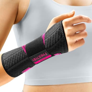 FREETOO Carpal Tunnel Wrist Brace Night Support Fit Right Hand for Work, Pain Relief Wrist Splint for Tendonitis, Sprain, Strain, Rigid Hand Brace for Arthritis for Women and Men (S/M, Black/Pink) - Image 1