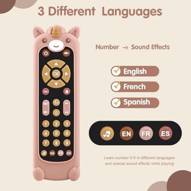 Nueplay Baby TV Remote Control Toy with Silicone Teether Cover, Toddler Realistic Controller, Early Number Learning in 3 Languages (English, Spanish & French), Preschool Girls Toys 6, 12, 18 Months - Image 3