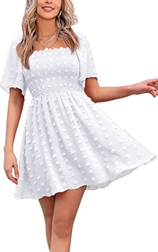 EXLURA Women's Summer Flowy Mini Sundress Square Neck High Waist Swiss Dot Smocked Ruffle Short Flutter Sleeve Dress White - Image 1