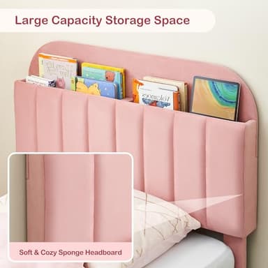 GarveeHome Twin Bed Frame with Storage Headboard, Velvet Upholstered Platform Bedframe for Kids, Girl Bed, Strong Wooden Slats, Noise-Free, Easy Assembly, No Box Spring Needed, Pink - Image 6
