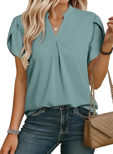 EVALESS Womens Summer Dressy Casual Work Chiffon Blouses 2025 Summer Spring Trendy Notch V Neck Petal Short Sleeve Tops Loose Cute Shirts Clothing,Light Green XX-Large - Image 1