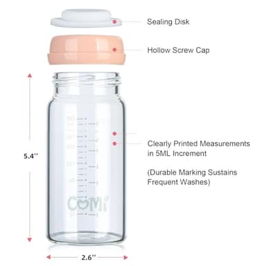 COMI Wide Neck Glass Breastmilk Collection n Storage Bottle, 8oz with Screw Ring Sealing Disk; Re-markable Sealing Disc. BPA Free, Fits Breast Pumps & Nipples (4 Pink Lids) - Image 3