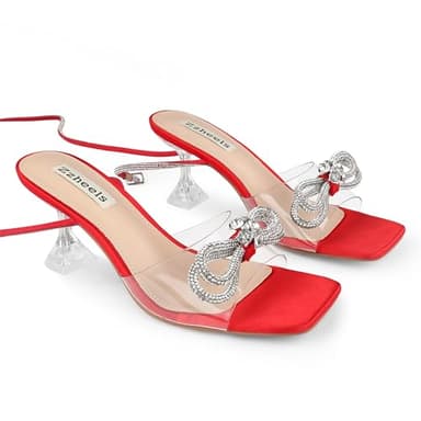 Zzheels Double Bowknots Clear Heels Square Toe Lace up Sandals Red Heels for Women for Wedding Red US7 - Image 8