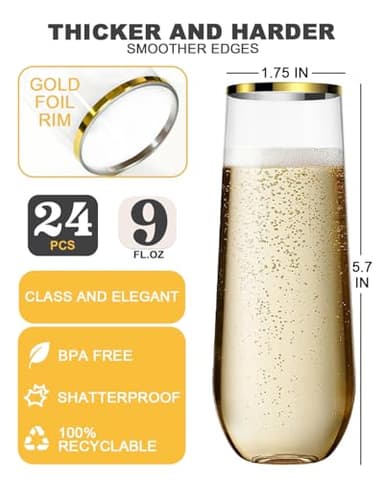 Maaacute 24 Pcak Champagne Flutes Plastic, 9 Oz Disposable Stemless Mimosa Gold Rim Toasting Glasses, Clear Crystal Plastic Cocktail Cups for Party Wedding Birthday - Image 5