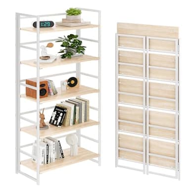 BHG Vintage Multifunctional Folding Bookshelf, No-Assembly Plant Stand Storage Rack Shelves for Home Office (White, 5-Tier) - Image 1