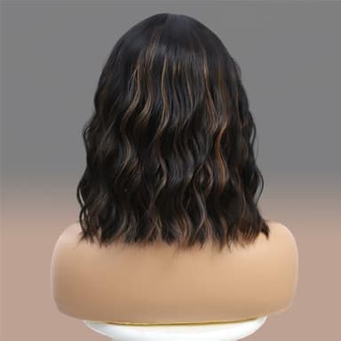 Black Mixed Brown Highlights Wigs for Black Women Short Wavy Curly Wig With Bangs Natural Looking Synthetic Hair Wigs Heat Resistant Fiber Wig for Daily Party - Image 6