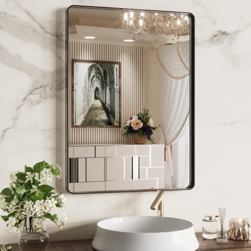 WEER Black Bathroom Mirror 22X30 Inch, Rounded Rectangle Matte Black Bathroom Vanity Mirror, Black Metal Framed Mirror for Wall, Tempered Glass, Anti-Rust, Hangs Horizontal or Vertical - Image 1