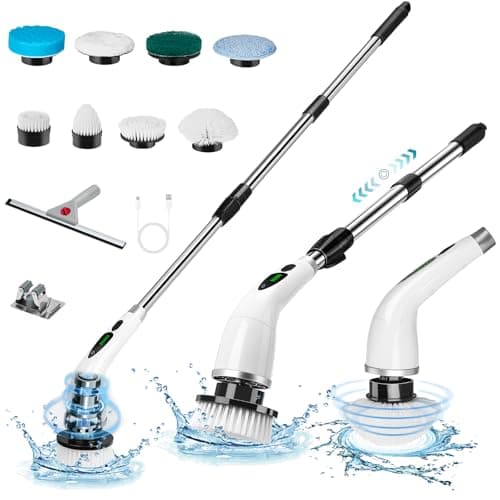 Electric Spin Scrubber,Cleaning Brush with 9 Replaceable Brush Heads and 1 Rubber Squeegee Broom,3 Adjustable Size, 2 Speeds for Bathroom Shower Bathtub Glass Car - Image 1