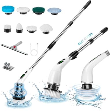 Electric Spin Scrubber,Cleaning Brush with 9 Replaceable Brush Heads and 1 Rubber Squeegee Broom,3 Adjustable Size, 2 Speeds for Bathroom Shower Bathtub Glass Car - Image 1
