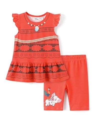 Disney Princess Moana outfits for Toddler girls:Ruffle Sleeve Top & Shorts 2 Piece Set Costume Hawaiian Birthday Toddler Clothes Summer Dress up-Moana 3-4T - Image 1
