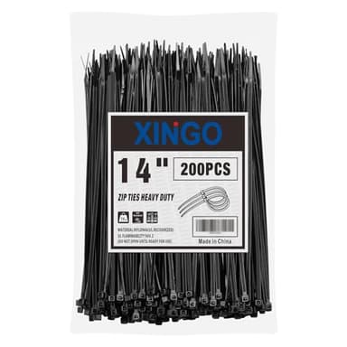 XINGO 14 Inch Black Zip Ties 200 PCS, 75 LBS Tensile Strength, UV Resistant Cable Ties, Premium Self-locking Plastic Ties for Indoor and Outdoor Use - Image 1