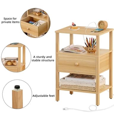 Lerliuo Nightstand Set of 2 with Charging Station and USB Ports, 3-Tier Storage End Table with Drawer Shelf, Night Stand for Small Spaces, Wood Bedside Table for Living Room, Bedroom - Natural Wood - Image 6