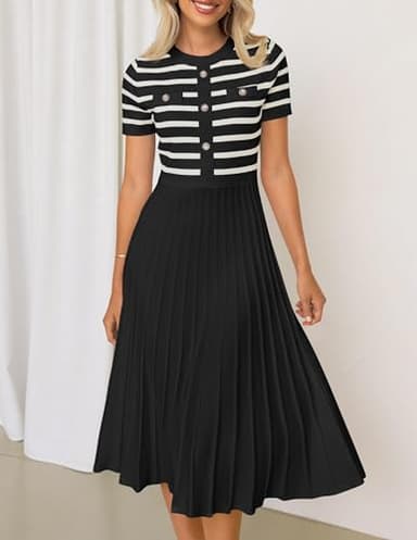 ZESICA Women's 2025 Casual Striped Midi Dress Crewneck Short Sleeve Button Ribbed Knit Swing Pleated A Line Dresses,Black,Medium - Image 7