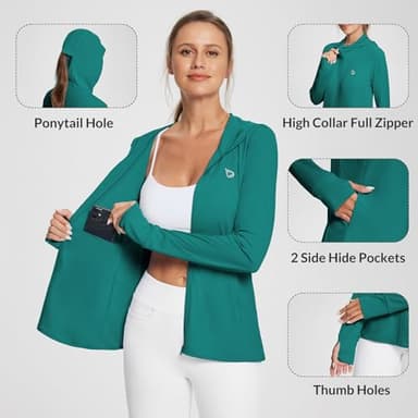 baleaf Women's Sun Zip Up Shirt UV Protection Hoodie Long Sleeve SPF Hooded Jacket Breathable Summer Clothing Outdoor Running Hiking Green S - Image 4