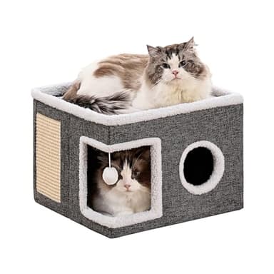 Crispedia Cat Beds for Indoor Cats, Large Cat Cave with Fluffy Ball and Scratch Pad, Foldable Cat Scratch House with Hideaway Condo for Kitten,16x16x13inch,Grey - Image 1