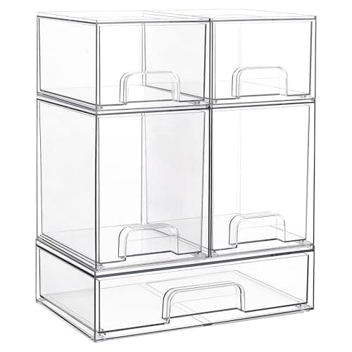 Vtopmart Stackable Storage Drawers Set of 5, Clear Plastic Organizer Bins for Beauty Supplies,Ideal for Vanity, Bathroom,Cabinet,Pantry Organization - Image 1