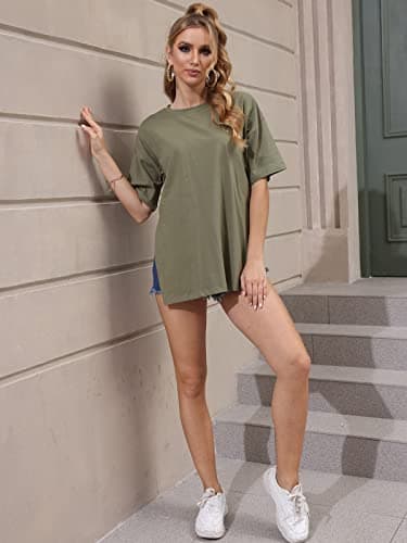 VNIRA Oversized T Shirt for Women Losse Fit Cotton Short Sleeve Workout Top Summer Casual Blouse Basic Split Hem Tee Tops Army Green - Image 2