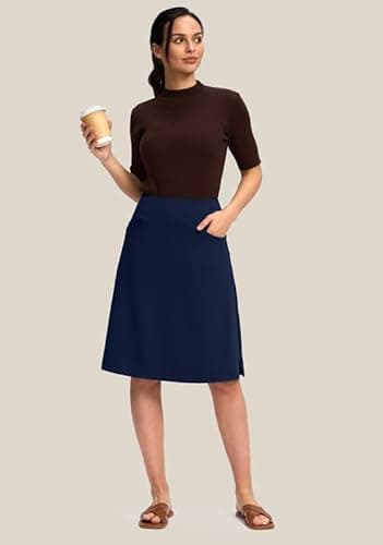 Viodia 25" Knee Length Skorts Skirts for Women with Zipper Pockets Stretchy Modest Aline Midi Skort for Casual Summer Travel Navy - Image 3
