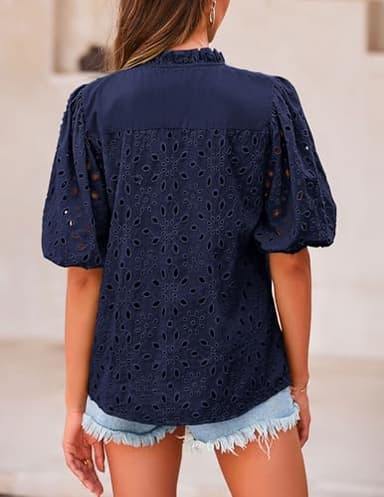 PRETTYGARDEN Women's Summer Tops 2025 Dressy Casual Short Sleeve V Neck Buttons Hollow Out Lace Embroidered Blouses Shirts (Navy,Large) - Image 2