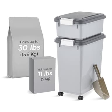IRIS USA Dog Food Storage Container, 30 lbs & 11 lbs Combo, Cat Food Storage Container, Dog Treat Container, Airtight, Stackable, 2-Cup Scoop, Wheels, Easy Mobility, Gray - Image 2