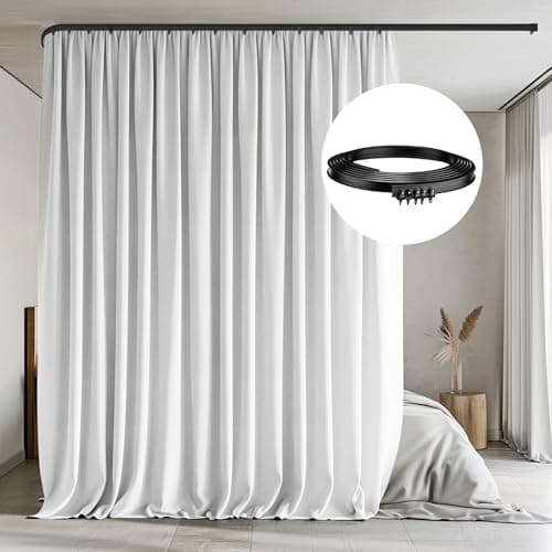 MaKefeile Room Divider Curtains with Flexible Ceiling Tracks Set,Blackout Curtain Ceiling Mount Curtain Track Privacy Room Dividers Ceiling Track Curtain Rod(White Drape & Black Rail W 8.3 × H 7 FT) - Image 1