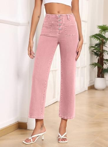 Sidefeel Women's Wide Leg Jeans High Waisted Straight Leg Zimbaplatinum Jeans Buttoned Loose Stretchy Denim Pants with Pocket Peach Blossom Size 16 - Image 4