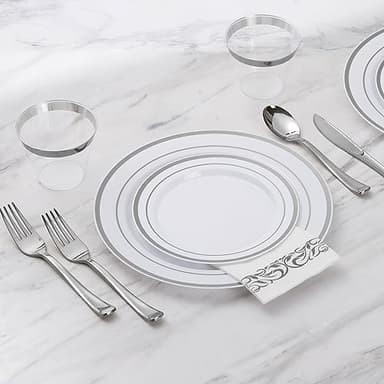 Goodluck 175 Piece Silver Dinnerware Set for 25 Guests, Plastic Disposable Plates for Party, Includes Dinner and Dessert Plates, Paper Napkins, Cups, Silverware Set - Image 4