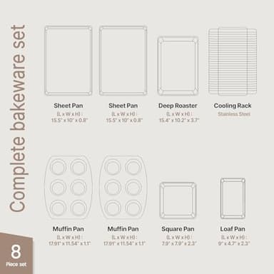 Bakken 8-Piece Stackable Bakeware Set - Ceramic Non-Stick Coating, Baking Sheets, Assorted Baking Pans, PTFE, PFOA & PFOS Free - Healthy Baking, Ergonomic Handles, Cooling Rack, Non-Toxic, Oven-Safe - Image 4