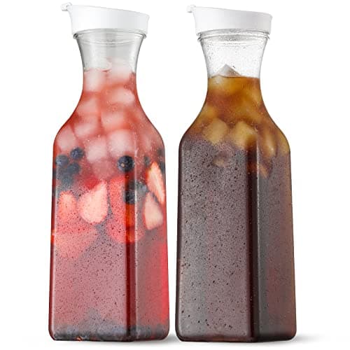 NETANY Plastic 50 Oz Water Carafe with Flip Top Lid, Set of 2 Square Base Juice Containers, Clear Plastic Pitcher - for Water, Iced Tea, Juice, Beverage, Cold Brew and Mimosa Bar - HAND WASH ONLY - Image 1