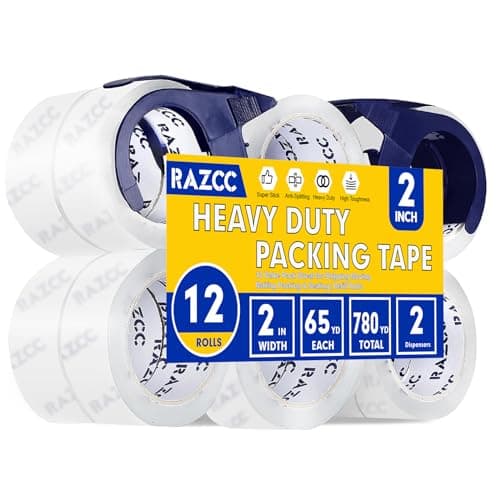 RAZCC Clear Packing Tape, 12 Rolls Heavy Duty Packaging Tape with Dispensers for Packing Shipping Moving and Sealing, Thicker Packing Tape-2" x 65 Yards Per Roll, 780 Total Yards - Image 1