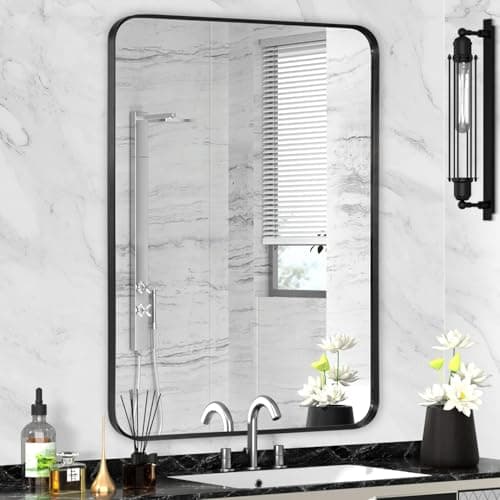 Minuover Black Framed Bathroom Mirror for Wall, Matte Black Rounded Corner Rectangle Vanity Mirror, Brushed Frame, Tempered Glass, Anti-Rust, Hangs Horizontally or Vertically (24" x 32", Black) - Image 1