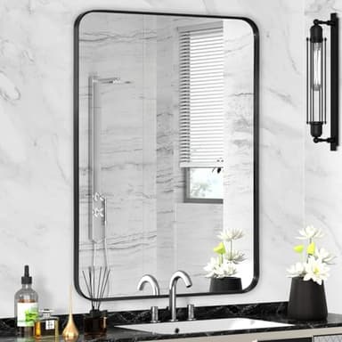 Minuover Black Framed Bathroom Mirror for Wall, Matte Black Rounded Corner Rectangle Vanity Mirror, Brushed Frame, Tempered Glass, Anti-Rust, Hangs Horizontally or Vertically (24" x 32", Black) - Image 1