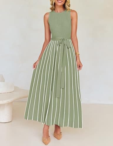 ZESICA Women's Summer Sleeveless Midi Dress 2025 Crewneck Ribbed Knit Tie Waist Casual A Line Swing Dresses,LightGreen,Medium - Image 2