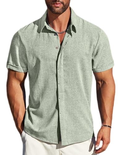 MAPICK Men's Casual Button Down Shirt Short Sleeve Rayon Linen Untucked Shirts Beach Wedding Fashion Summer Clothes(A-Sage Green,X-Large) - Image 1