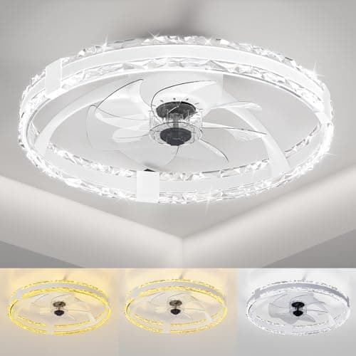 SKRFORM Ceiling Fans with Lights and Remote, 20'' Low Profile Flush Mount Ceiling Fan with 6 Speeds & 3 Color Temperature, 3000-6500K Dimmable Led Fandelier for Bedroom Livingroom, White