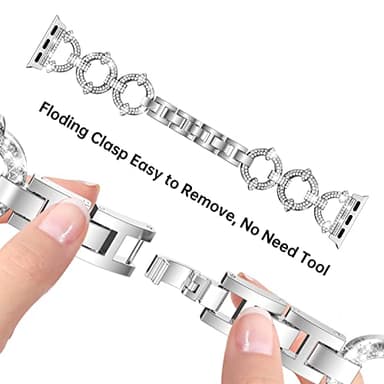 Mesime Compatible with Apple Watch Band 38mm 40mm 41mm 42mm 44mm 45mm , Women Girl Bling Diamond Jewelry Metal Strap Bands with Crystal Tempered Glass Screen Protector Case, Round Shiny Bracelet - Image 6