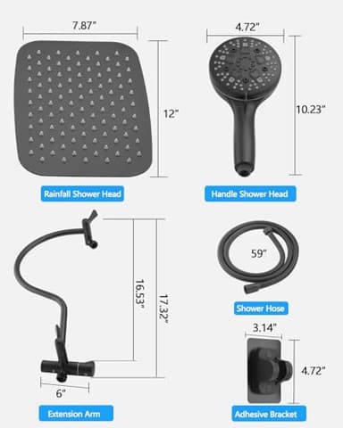 PDPBATH Rainfall Shower Head with Handheld Spray Combo, All Metal 12 Inch High Pressure Rain Showerhead with 16" Adjustable Curved Arm Build-in 3-way Diverter, Matte Black - Image 7