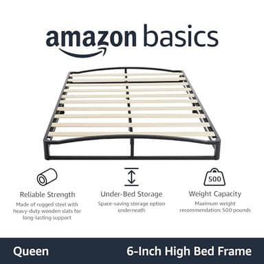 Amazon Basics Metal Platform Bed Frame, with Wood Slat Support, 6 inches High, Queen, Black - Image 2